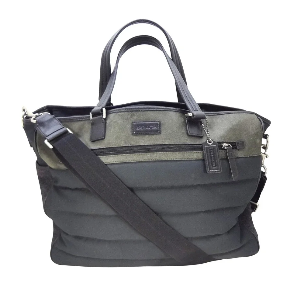 Coach Thompson Mixed Media Puffer Weekender Tote Black Olive Green Nylon‎ Suede